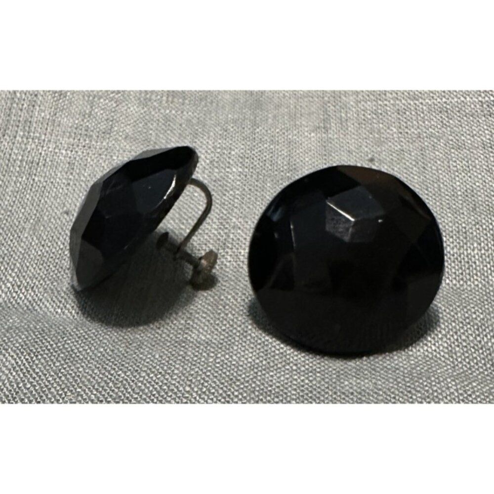Vintage Black Faceted Acrylic  Button Clip Earrings - Mid century Japan
